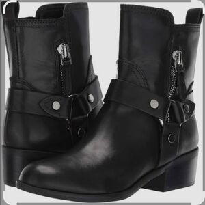 Marc Fisher Medalary Leather Harness Moto Boots Black Ankle Boot Size 8